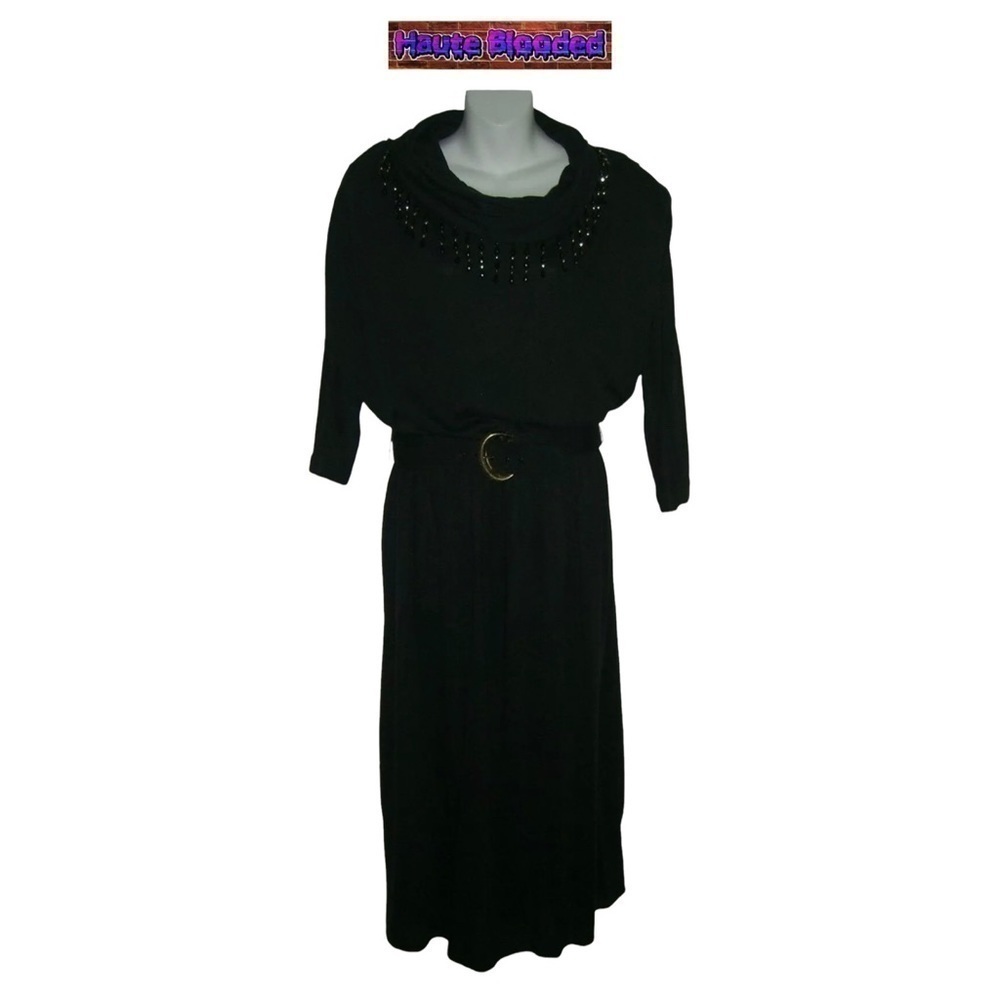 Vintage 80's Stuart Alan Black Belted Dress W Beaded Fringe Cowl Neck Plus Sz 16